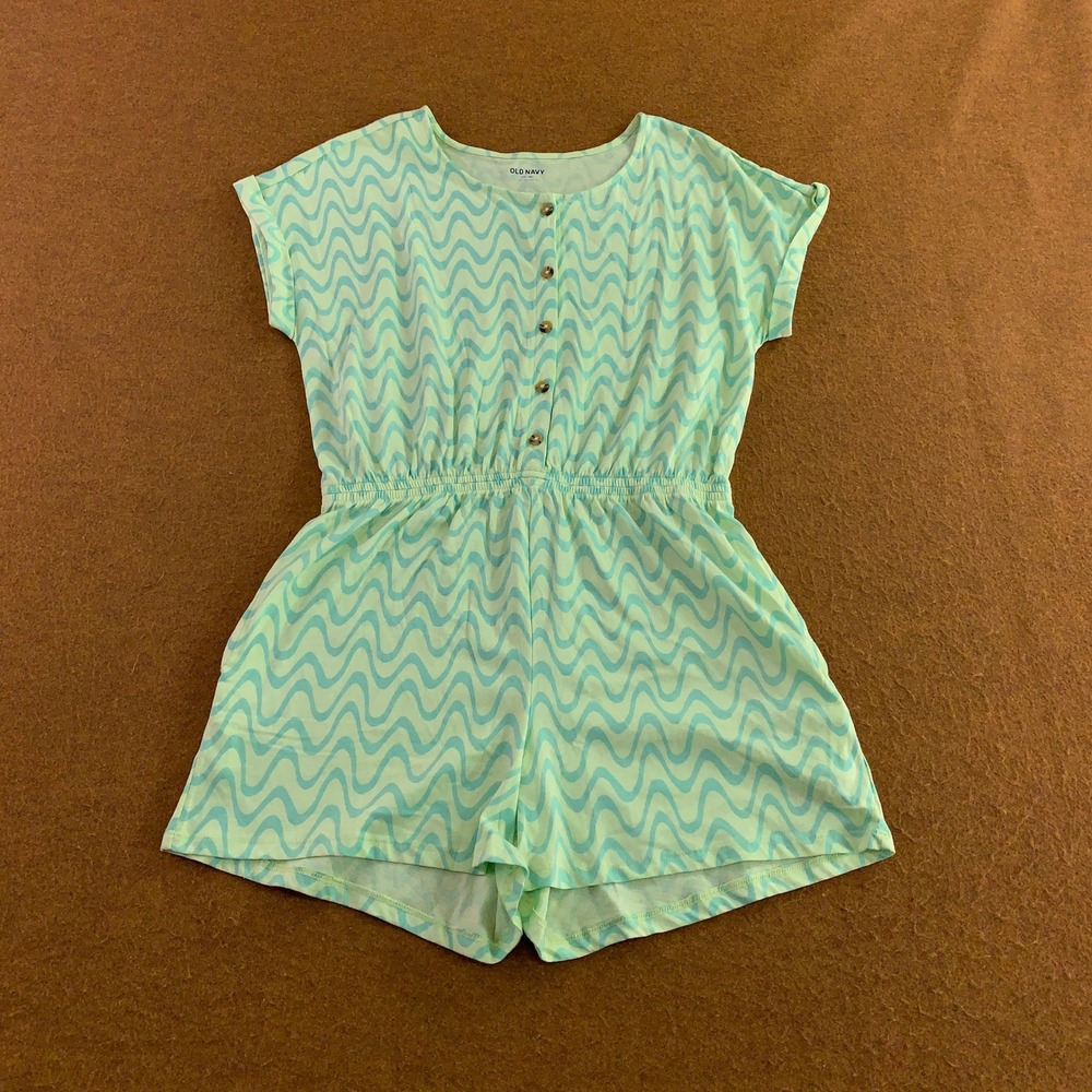 Old Navy Girls XXL 18 Mint Green Wavy Chevron Knit Button Front Romper New
